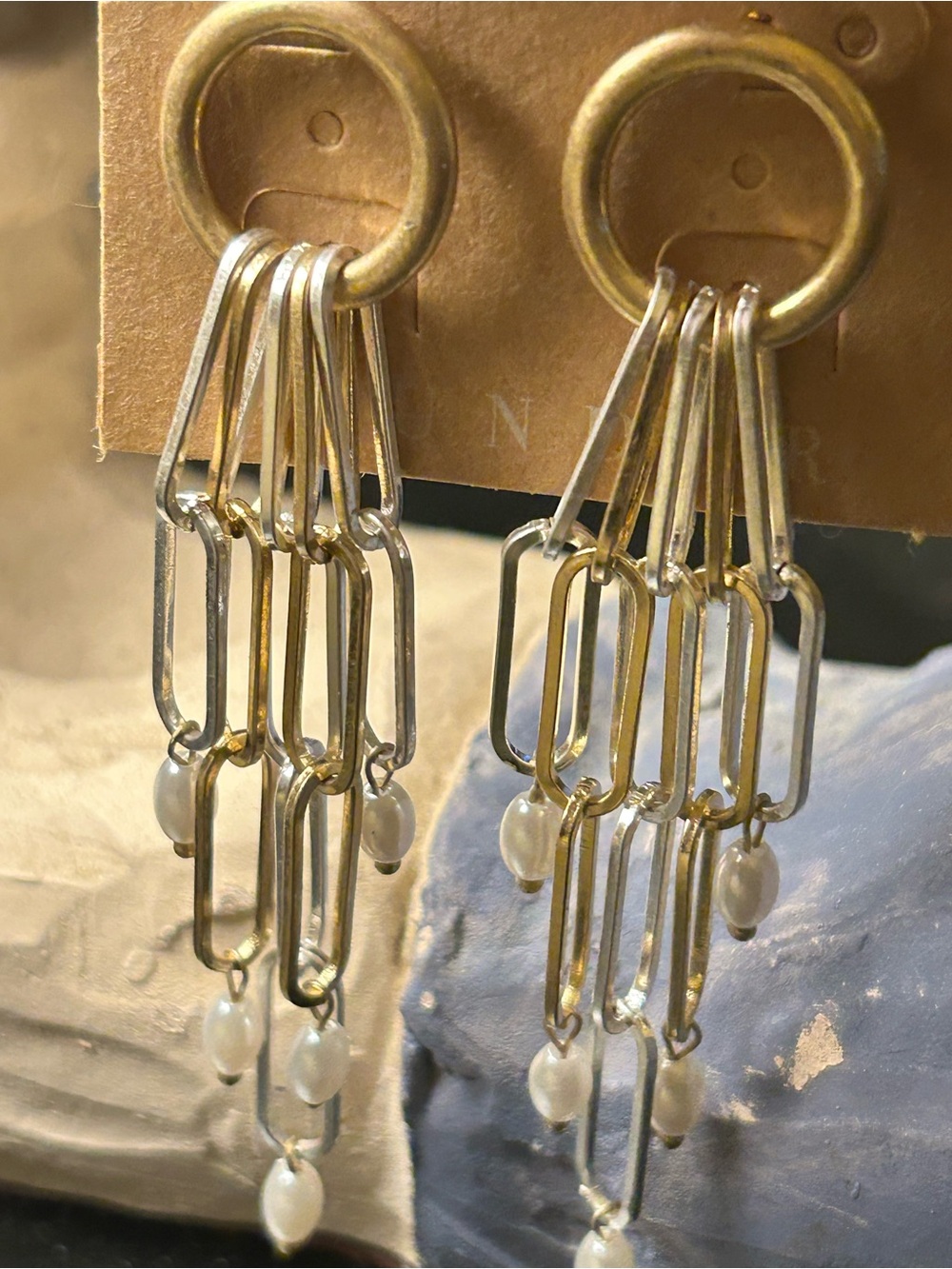 Gold Tone paper clip Chain-Link Drop Earrings with faux Pearl Accents pierced